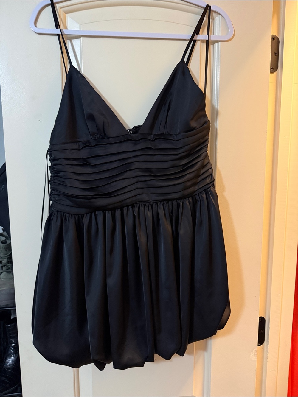 Fashion Nova Black Satin Pleated V-Neck Camisole Dress